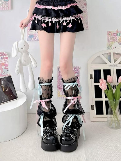 Sheer Leg Bow Ribbon Mesh Warmers