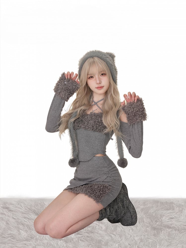 Gray Off-the-shoulder Top with Plush Cuffs & Metal Cross