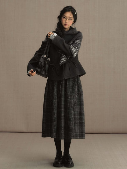 Vintage Fair Isle Jacquard Shawl- Cozy High Neck Pullover for Fall/Winter Dark Gray