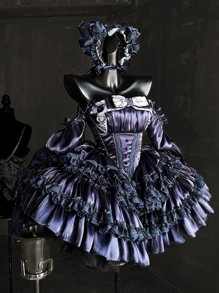 Tiered Dark Princess Accents Dress Blue with Balletcore Lace Basque Waist