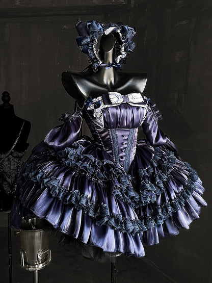 Tiered Dark Princess Accents Dress Blue with Balletcore Lace Basque Waist