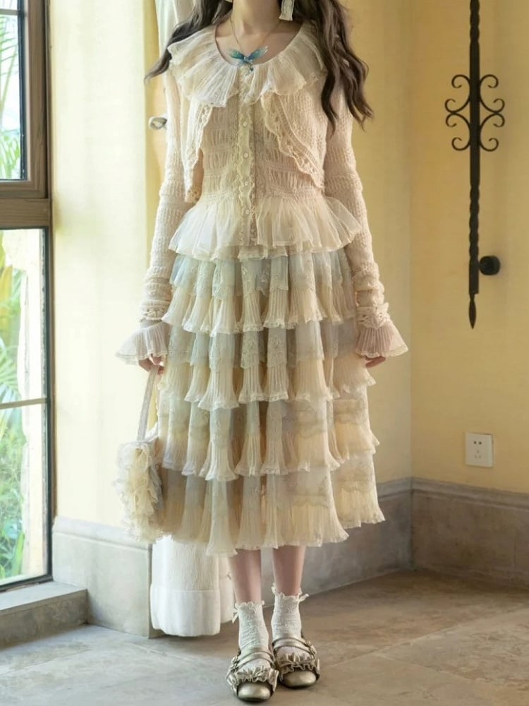 Details with Tulle Flower Multi-Layered Blue Lolita Beige Elegant Skirt Embroidery