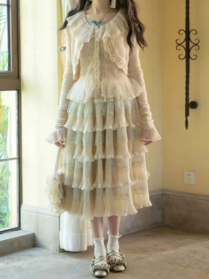 Details with Tulle Flower Multi-Layered Blue Lolita Beige Elegant Skirt Embroidery