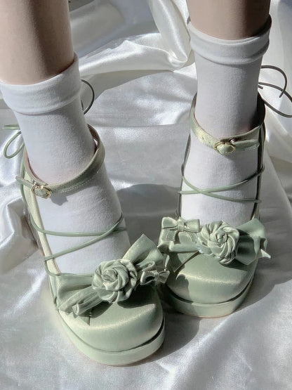 with Green Bow PU - Janes Leather Floral High-heel Mary Lolita Elegant