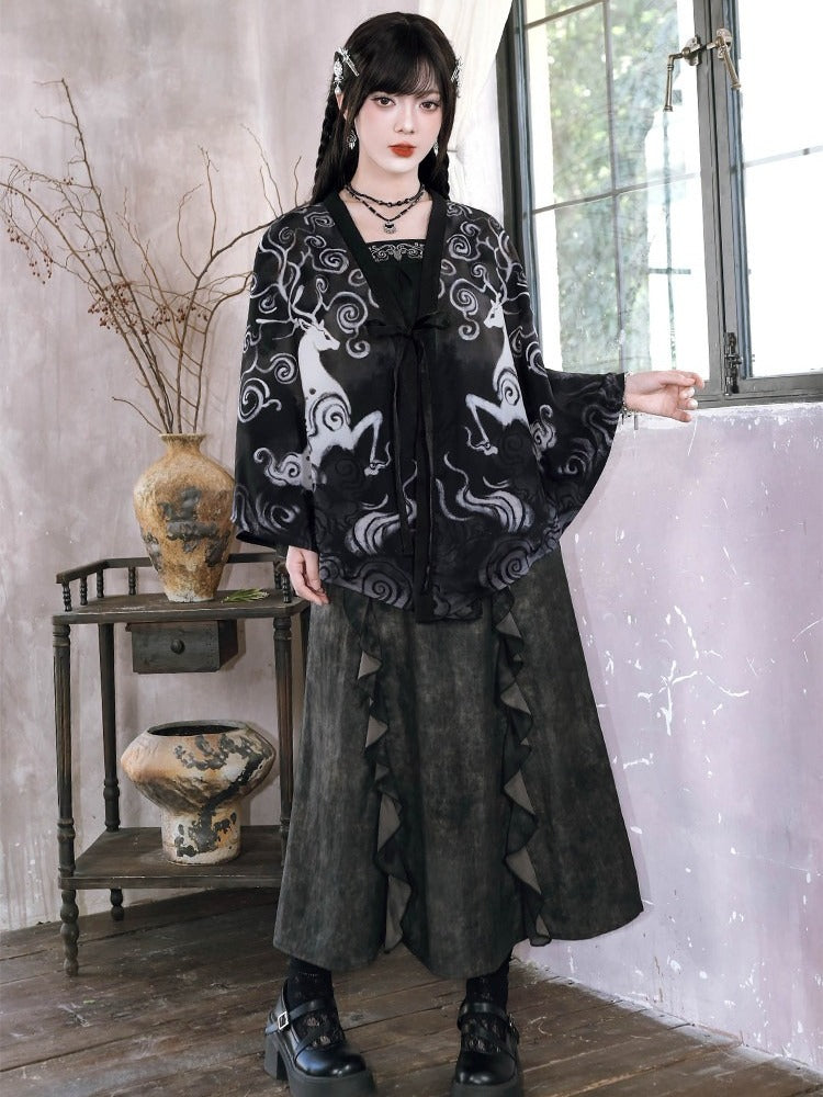 Chinese Gothic Black Chiffon Cardigan with Deer Print - Quirky Hut