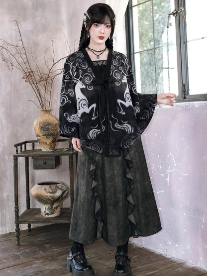 Chinese Gothic Black Chiffon Cardigan with Deer Print - Quirky Hut