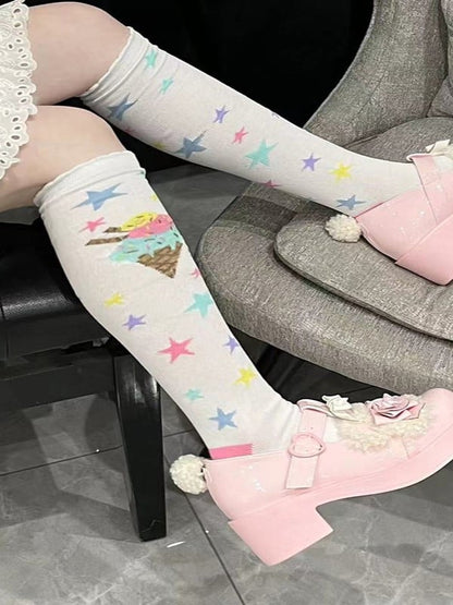 Rosa/Blau/Lila/Gelb/Weiße Lolita-Socken mit Eisdesign und Kalbsdruck in Creme