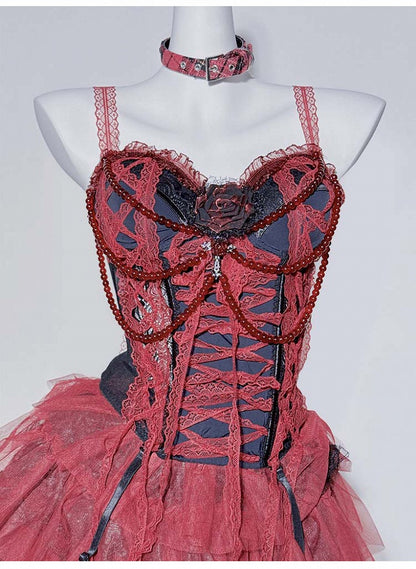 Gothic Red&Black Lace Trim Rosette Beaded Chain Corset Cami Top