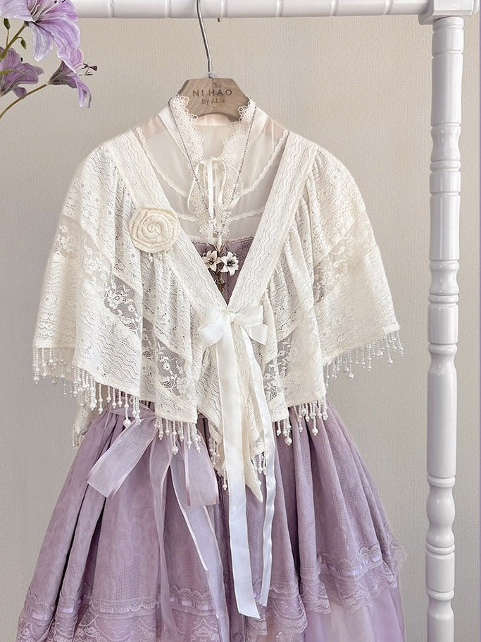 Beige Bow Pearl Tassel Lace Blouse - Tan Tuan
