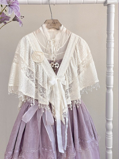 Beige Bow Pearl Tassel Lace Blouse - Tan Tuan