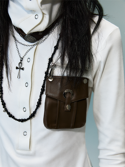 PU Pocket White Punk High-Neck Knit Top with Brown