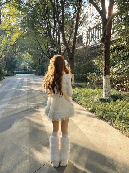 With Details Bow Elegant Fur White Faux Leg Warmers