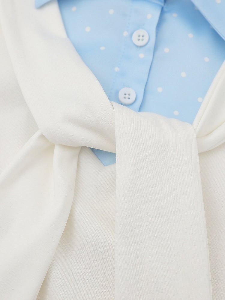 Tie-Detail Waist-Cinched Faux Layered Top in Blue and White Dot Print - Languid Park