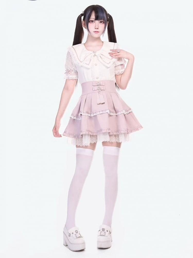 Bowknot Pink High Waist Jirai Kei Tiered Skirt Accents Rhinestone with