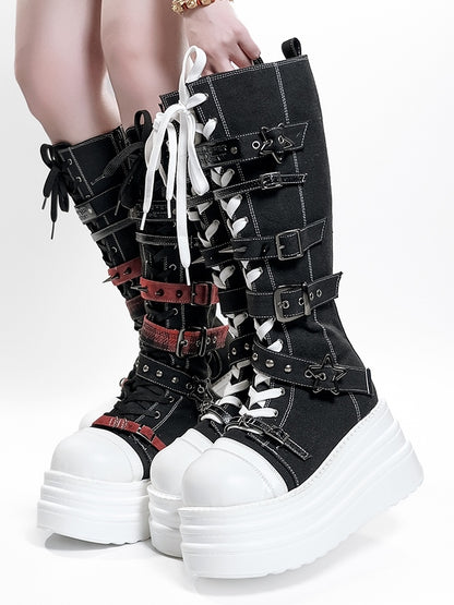 Bottes à plateforme avec système de fermeture, Punk, Hybride en toile rouge et noire