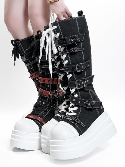 Y2K Canvas Punk Buckle - Black Platform Knee-Highs
