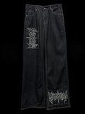Dark Cut Applique Letter Jeans Blue Straight-leg
