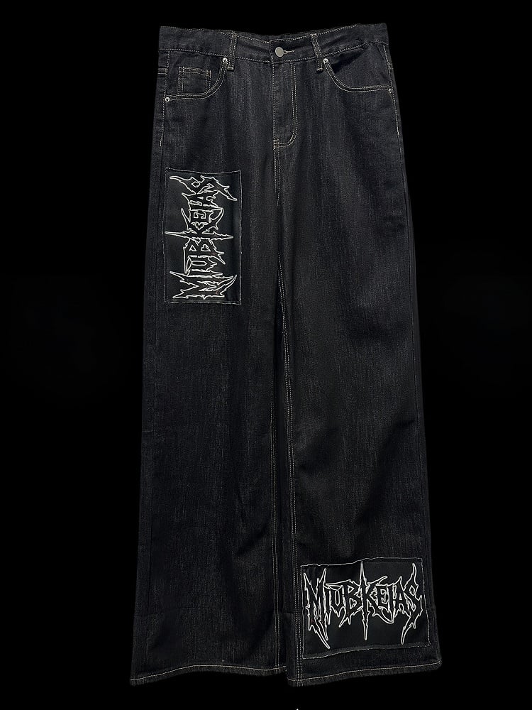 ダークカットアップリケレタージーンズブルーストレートレッグ