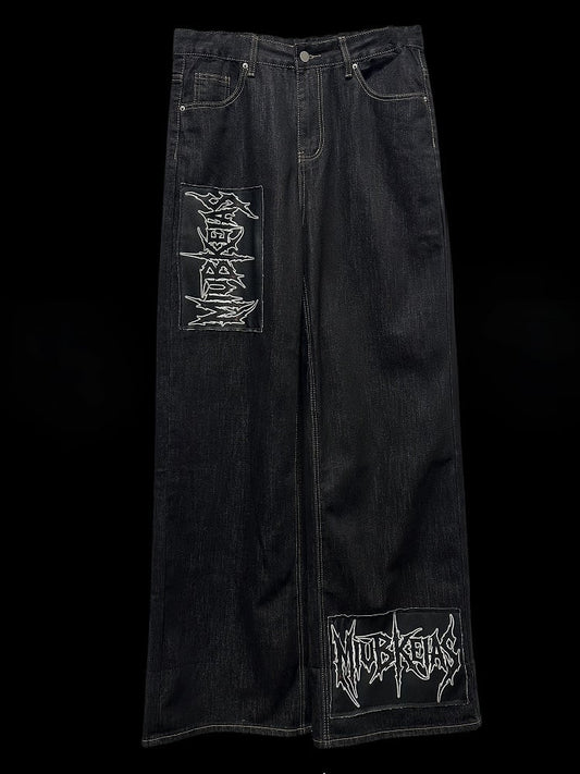 Dark Cut Applique Letter Jeans Blue Straight-leg