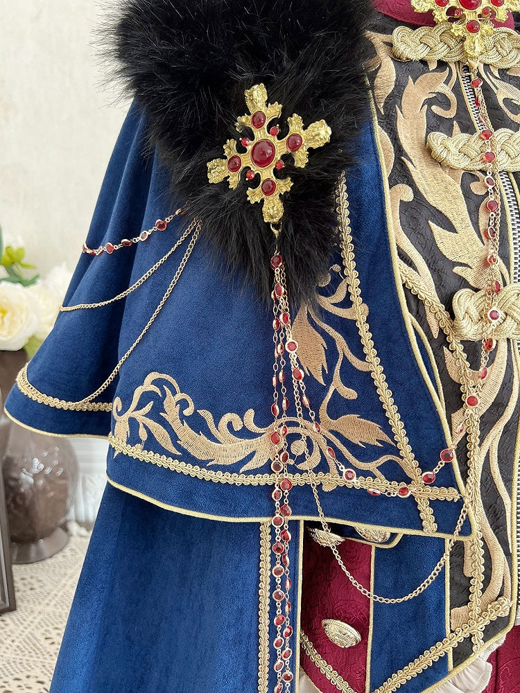 Goldenes Top + Ketten, lang, wunderschöner Stil, Prinzenärmel, blau mit Hose, königlich roter Umhang