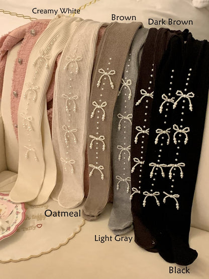 Bowknot Slim-Fit Beaded Tights with Warm Decoration 6 Colors