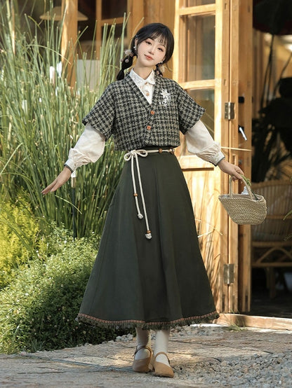 Floral Embroidered Plaid Top in Dark Green with White Blouse and Skirt Ensemble - Han Ru Chu Hanfu & Han-Element Studi