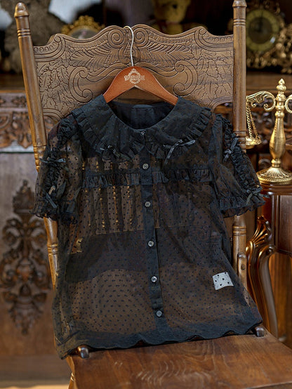 Black Peter Pan Collar Polka Dot Sheer Tulle Top - Dream Magic Box