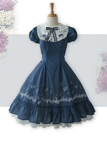 Dark Blue Polka Dot Embroidered Lolita Dress with Music Note Motif and Multi-Panel Cut - Surface Spell