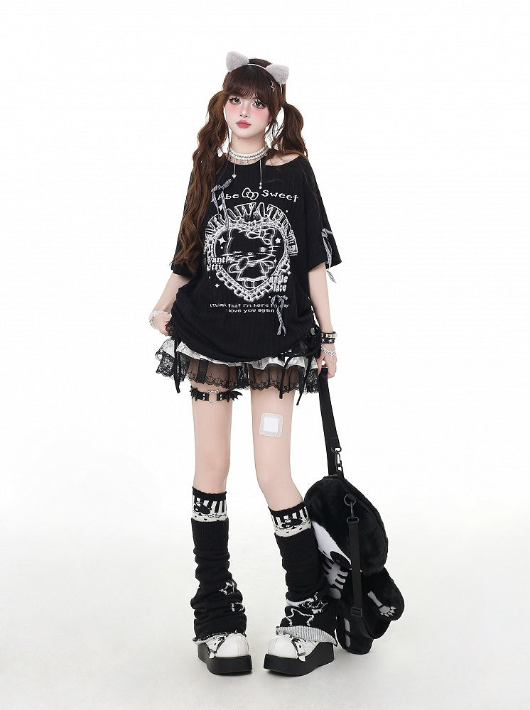 カットアウト Y2K ブラック/ホワイト ラウンドウエスト ネックディテール Tシャツ キティプリント ドローストリング