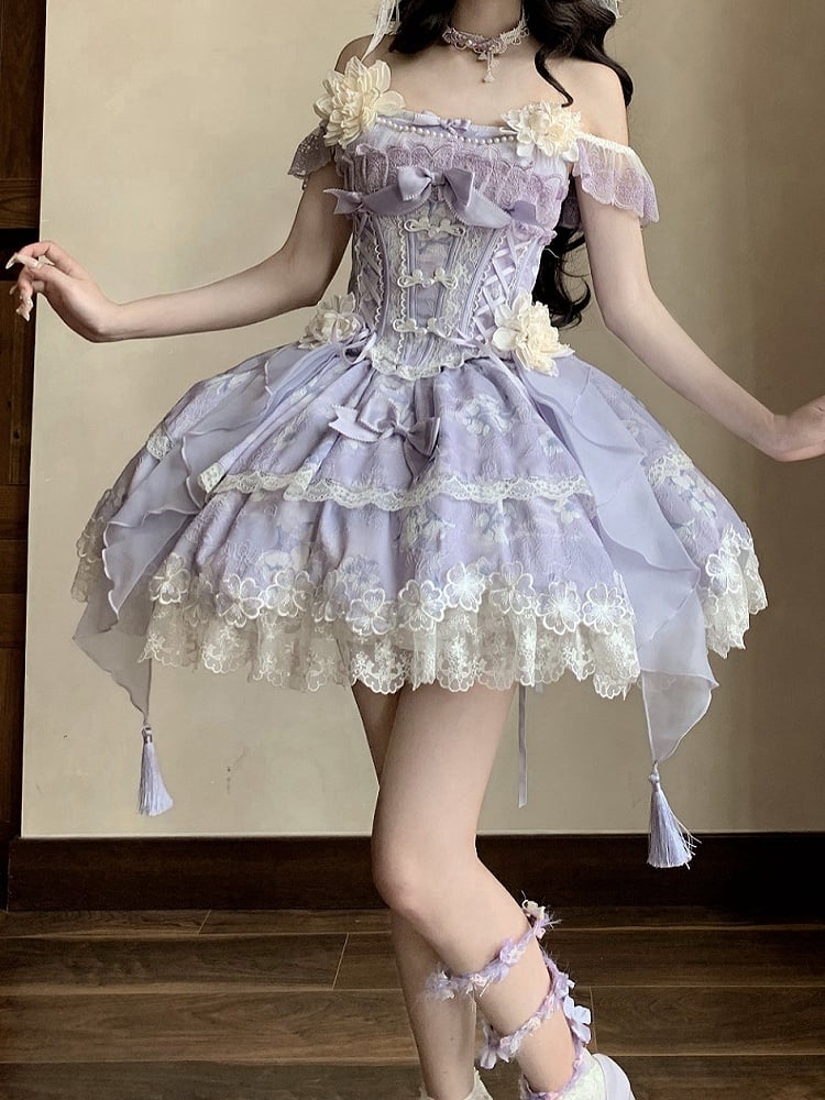 Version with Corset Purple Top Floral Frog Skirt Buttons Lolita Jasmine-Embellished Print Short +