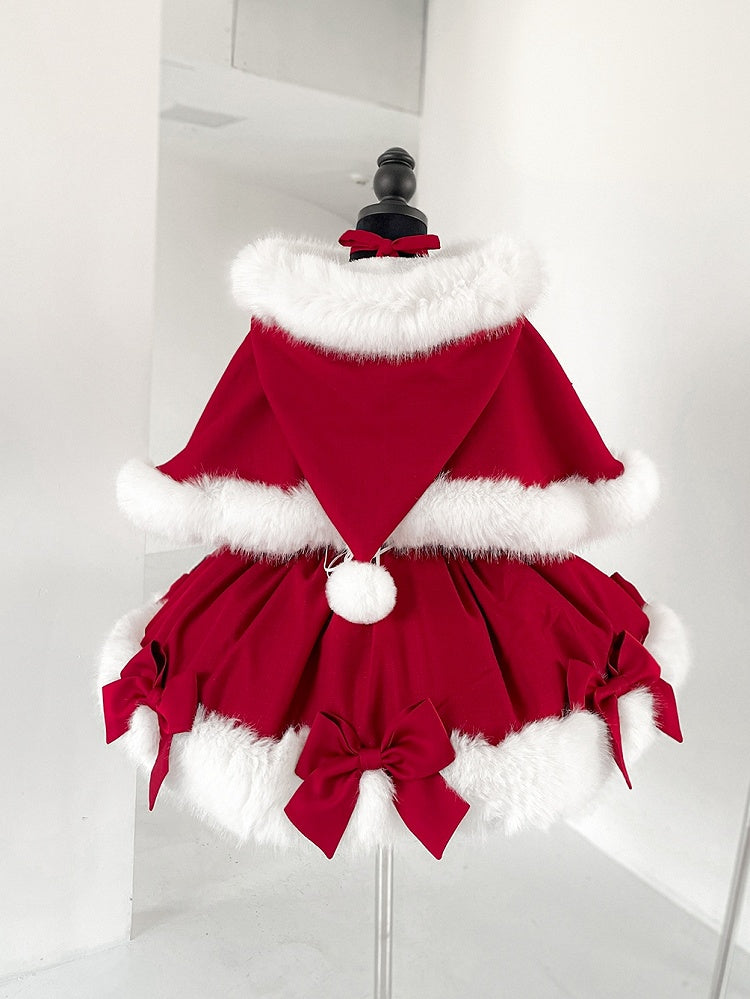 Red Christmas Bows Decorated Plush Neckline and Hemline Boning Dress + Cape Full Set