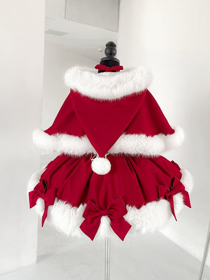 Red Christmas Bows Decorated Plush Neckline and Hemline Boning Dress + Cape Full Set