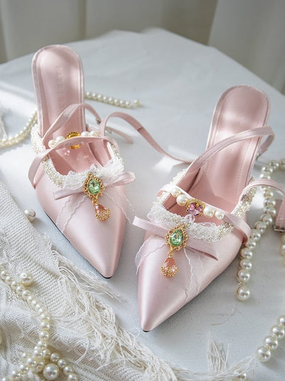 Pink Slingback at High Rhinestone Vintage Bow Top Sandals Heels Charm