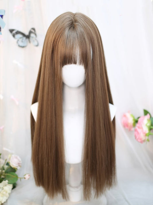 Brown Under Bust Length Straight Wig with Bangs