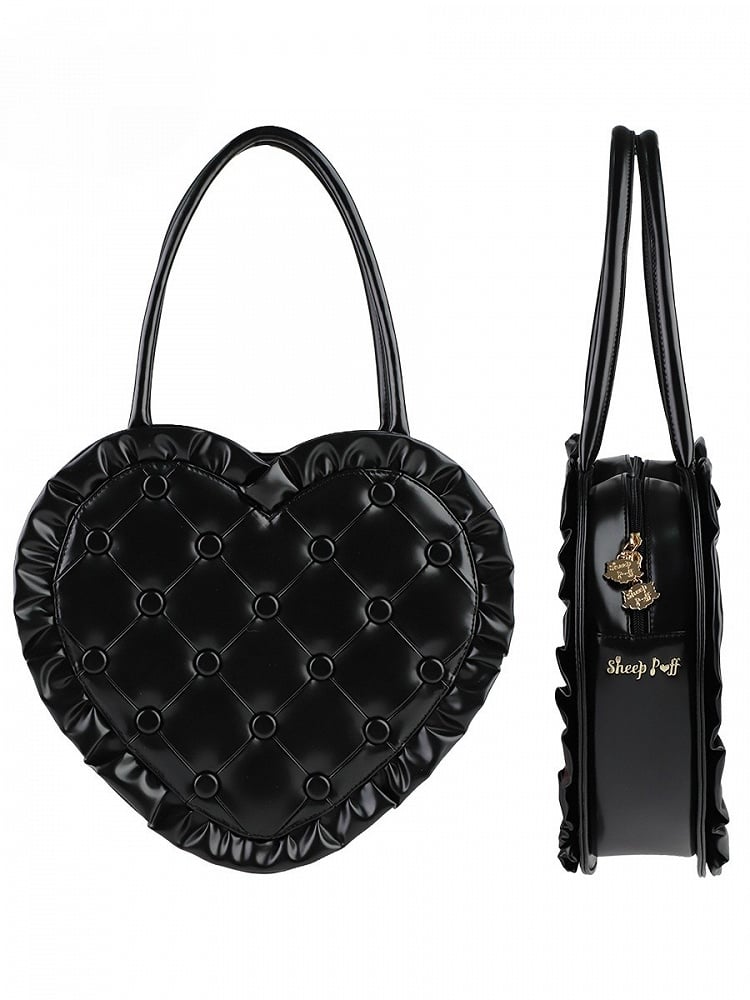 Schwarze Lolita-Schultertasche mit Rüschen, Spitzentasche, Herz-Geldbörse mit Rautenstich