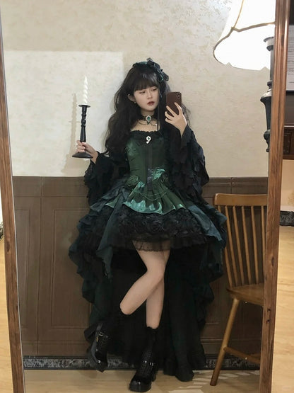 Black Lolita Bouquet Boned with Rose Dress Strapless Hem Green Gothic
