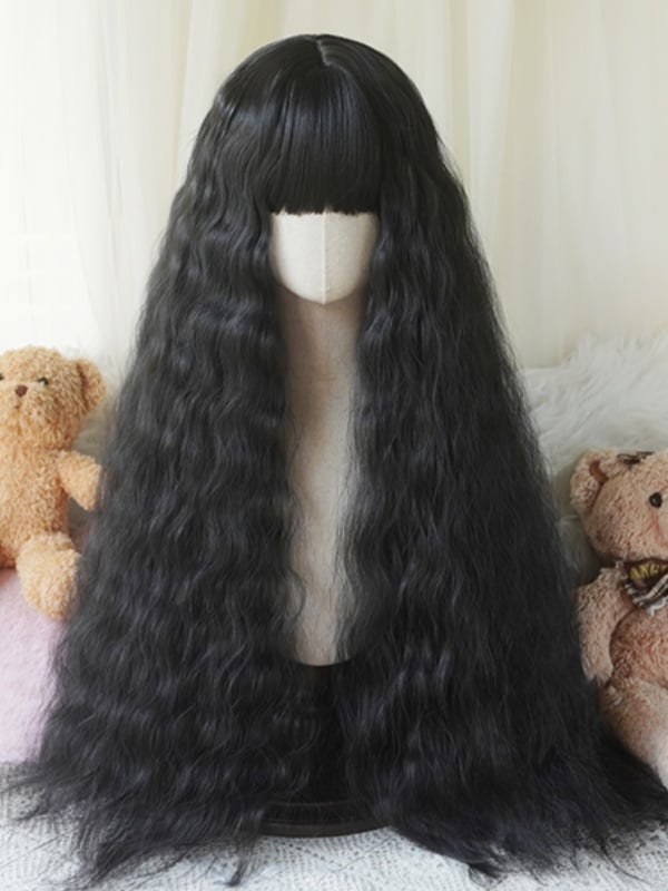 Schwarz/Blond/Hellblond/Pink, hüftlange, gewellte Perücke mit vollem Pony