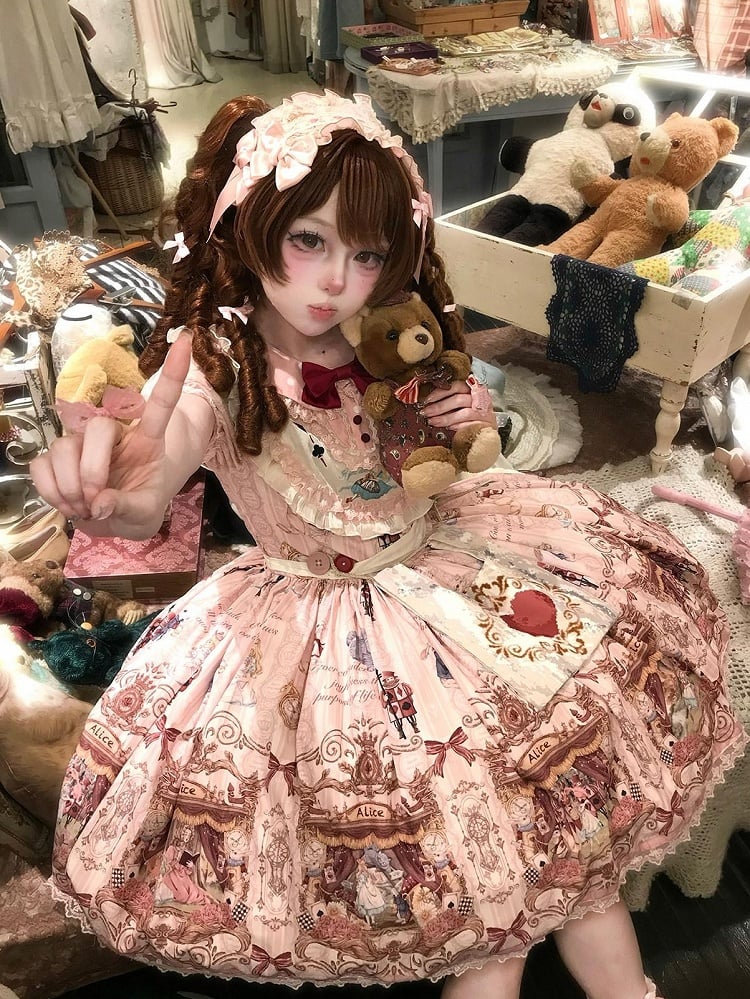 Rose Alice in Wonderland Theme Print Polka-dot Collar Sweet Gown - Forest Fairy Tales