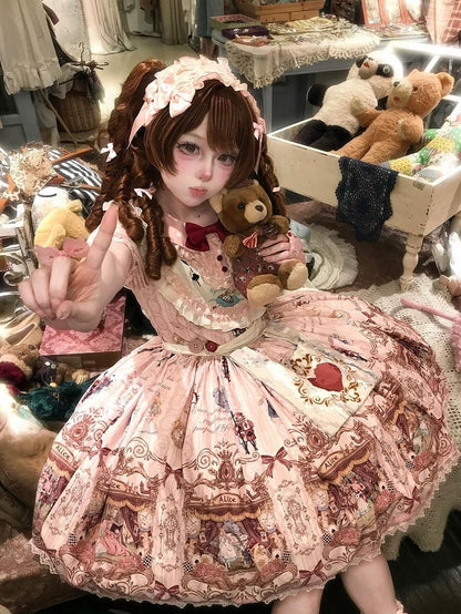 Rose Alice in Wonderland Theme Print Polka-dot Collar Sweet Gown - Forest Fairy Tales