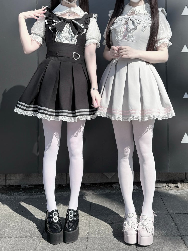 Landmine Style Gray & Pink Short Sleeve Box-Pleated Dress with Lace and Bow Details - Virtual Paradise