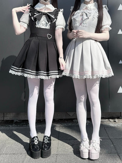 Landmine Style Gray & Pink Short Sleeve Box-Pleated Dress with Lace and Bow Details - Virtual Paradise