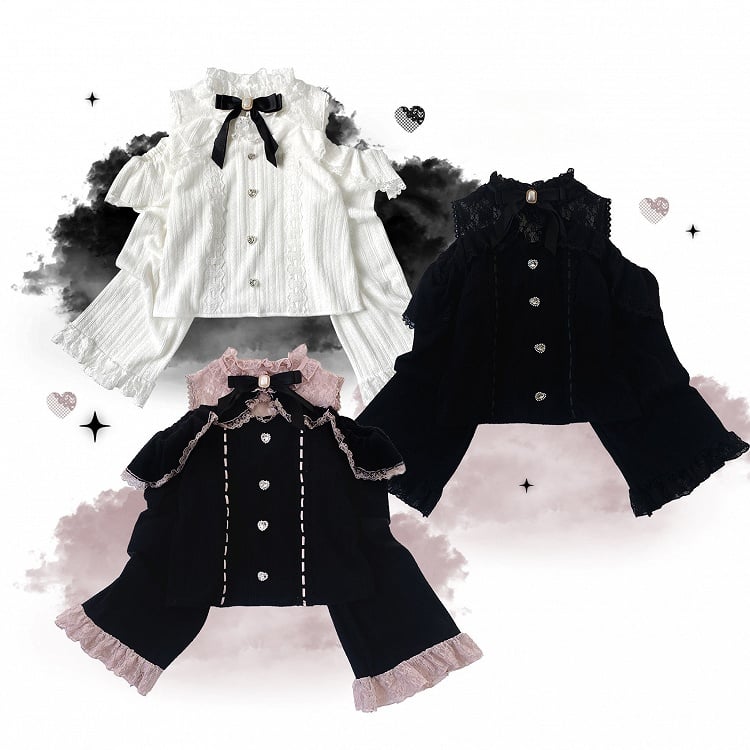 Cutout Lace Shoulder Jirai Heart 3 Colors Rhinestone Blouse Kei Button