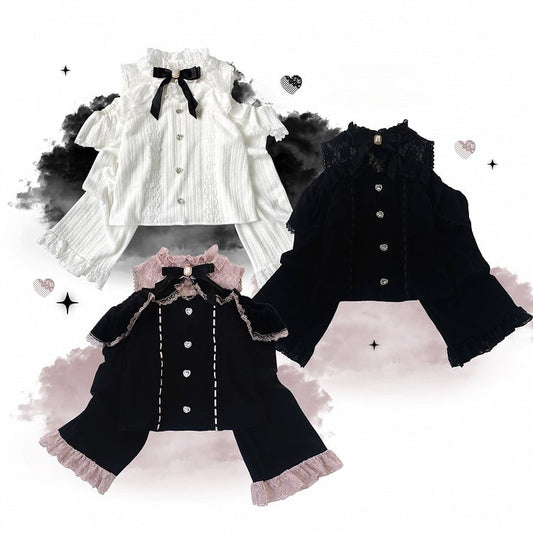 Cutout Lace Shoulder Jirai Heart 3 Colors Rhinestone Blouse Kei Button
