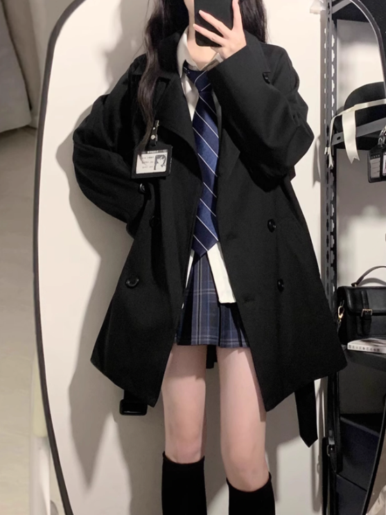 Taille JK Mantel Gürtel Uniform Graben Schwarz/Khaki Mit