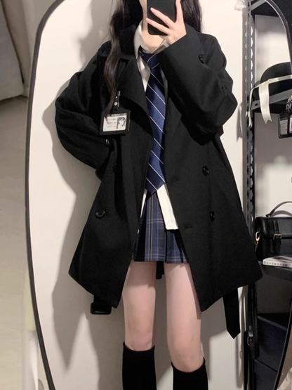 Taille JK Mantel Gürtel Uniform Graben Schwarz/Khaki Mit