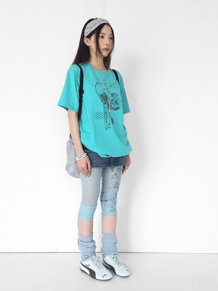 Casual Kawaii Cyan Round Neck Short Sleeve Tee with Key Print