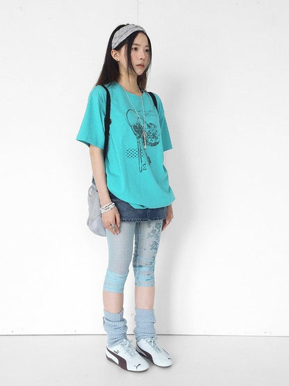 Casual Kawaii Cyan Round Neck Short Sleeve Tee with Key Print