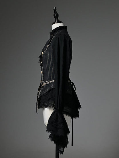 ブラックのフリルネックライン、ロングカフススリーブ、ジャボカド