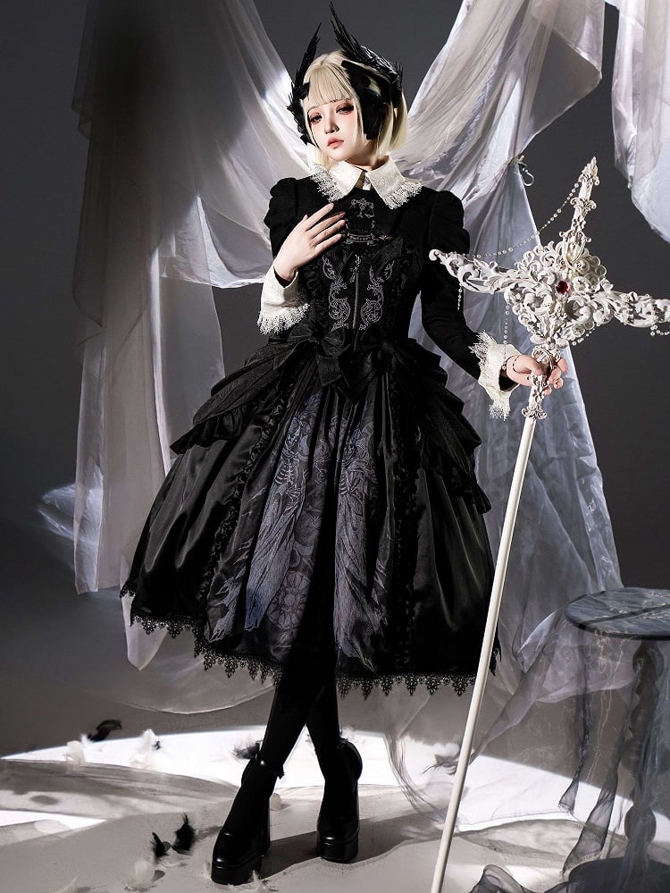 Grim Detachable Reaper and Print Bows Black Dress Waist at Scale Gothic with Lolita