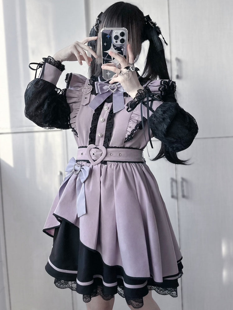 Details Bowknot Heart Kei PurpleBlack Rhinestone Decorated Jirai